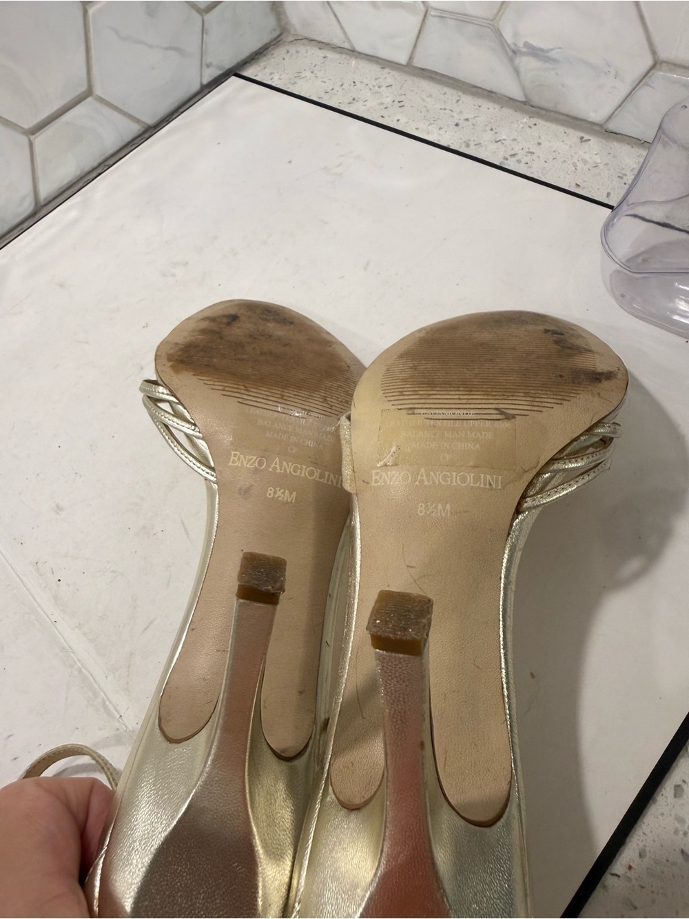 Enzo Angiolini Gold Metallic Strappy Sandals Ankle Strap Sz 8.5 Mesh Rhinestone - Picture 11 of 12